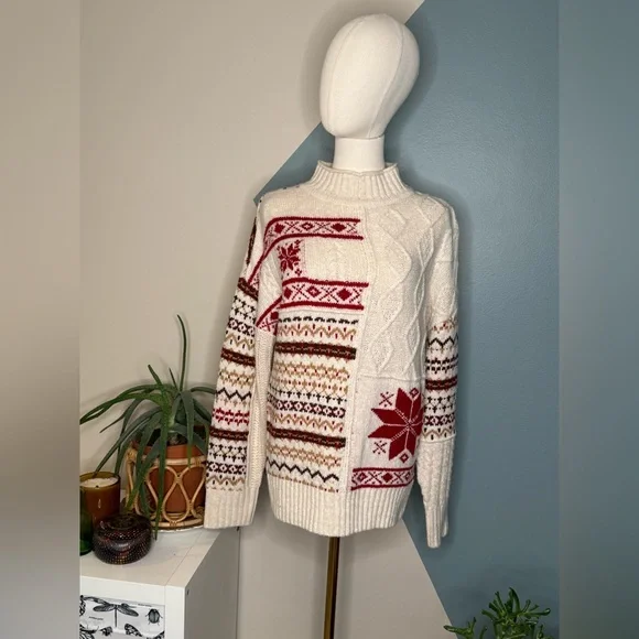 American Eagle Patchwork Fair Isle Sweater Nordic Cable Knit Cream Red Pullover - Picture 2 of 10